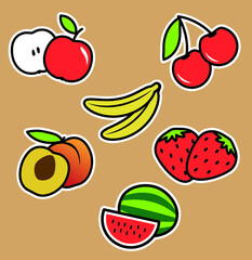 Set of fruit's cut line stickers. Brown background. Apple, cherry, banana, peach, strawberry, watermelon.