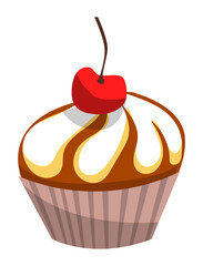 Cake with cream vector, isolated baked product decorated with cherry. Creamy food delicious meal with topping. Cupcake muffin with taste berry on top