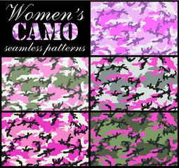 Set of women's camouflage seamless patterns.Pinkish, urban and woodland color scheme.