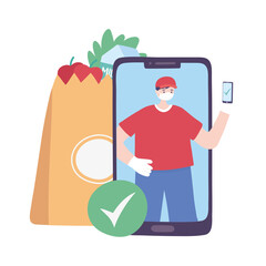 covid-19 coronavirus pandemic, delivery service, delivery man with smartphone with check mark, wear protective medical mask