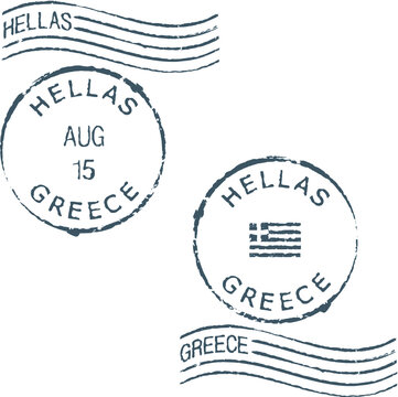 Set of postal grunge stamps 'Greece'. Greek and english inscription.