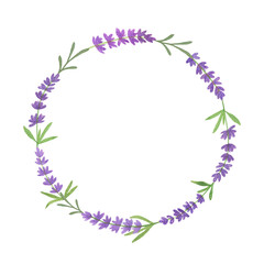 Romantic round wreath with light violet tender lavender flower branches on white background, watercolor illustration for greeting cards invitations textile travel articles, symbol of French Provence