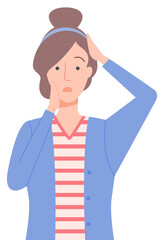 Pretty woman standing and holding her head. Lady looks sad or confused, ashamed or drear. Emotion on face. Girl in pose vector illustration flat style