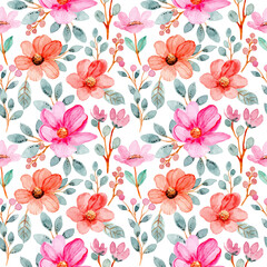 Obraz premium seamless pattern with watercolor pink flowers and green leaves