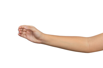 Kid hand show holding something like a bottle isolated on white background. Clipping path included