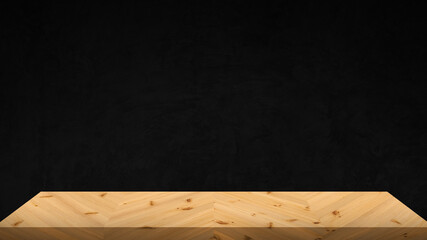 Empty wooden tabletop isolated on dark background. For your product placement or montage with focus to the table top in the foreground. Empty wooden shelf