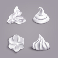 Realistic white whipped cream swirl shape set isolated on grey background - obrazy, fototapety, plakaty