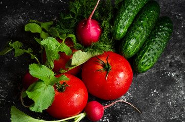 Fresh vegetables on the table. cucumbers, radishes, tomatoes