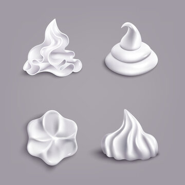 Realistic white whipped cream swirl shape set isolated on grey background