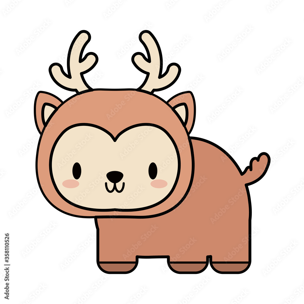 Poster cute deer baby kawaii, line and fill style icon