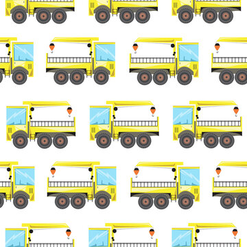 Seamless pattern with heavy machine on a white background as a printable texture, flat vector stock illustration with yellow robotic arm or tow truck