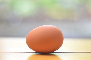 Close-Up Of Egg with blurred farm background
