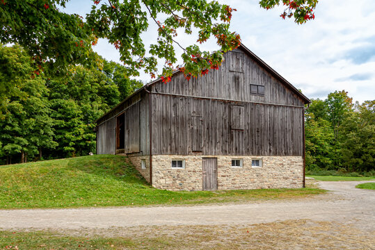 Exterior of an old wooden barn in Ontario farmland