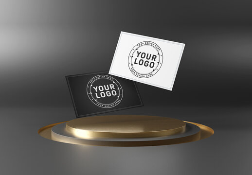 Floating Business Cards on Stage Podium Mockup