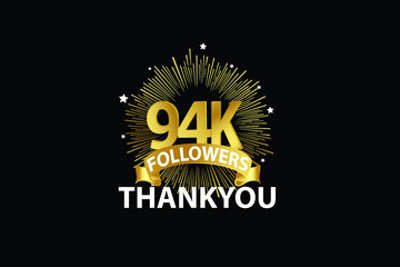94k,94.000 Followers anniversary, minimalist logo years, jubilee, greeting card. invitation. Sign Ribbon Gold space vector illustration on black background - Vector