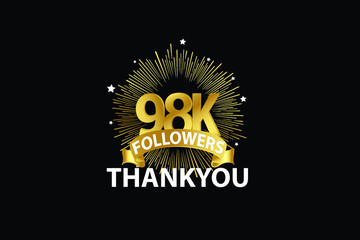 98k,98.000 Followers anniversary, minimalist logo years, jubilee, greeting card. invitation. Sign Ribbon Gold space vector illustration on black background - Vector