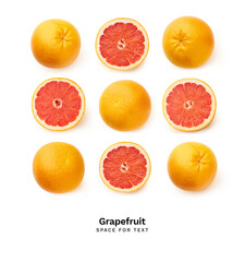 Creative flatlay with fresh grapefruits isolated