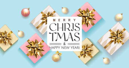 Fototapeta na wymiar Merry Christmas and Happy New Year banner with realistic top view pink and blue gift boxes, christmas ball, Holiday Xmas poster, greeting card. Advertising web flyer brochure. soft elegant color
