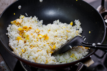 Fried rice with eggs in a pan,Easy cooking, Thai style