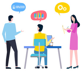 People on meeting vector, business conference discussion of man and woman. Person working on computer, woman with gear cogwheel and infocharts bubbles