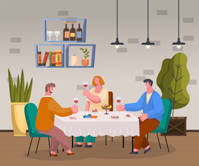 Home reception in friends place, cheerful characters celebrating holidays. Man and woman saying toasts, relaxing personages at house. Male and female eating and drinking wine in company vector