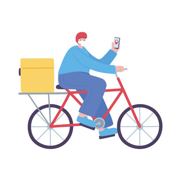 Delivery Man Riding Bike With Smartphone Isolated Icon Design White Background