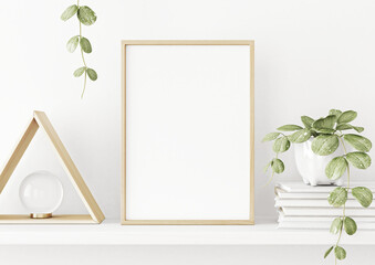 Interior poster mockup with vertical wooden frame on the shelf with green plant in pot and trendy decoration on empty white wall background. A4, A3 size format. 3D rendering, illustration. - obrazy, fototapety, plakaty