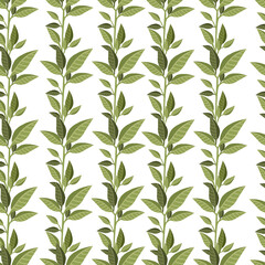 Seamless pattern of green leaves flat vector illustration on white background