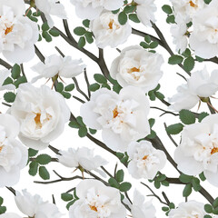 Obraz premium Seamless Botanical pattern with white flowers of wild rose. Design for textiles, fabrics, Wallpaper, home decor, packaging, paper.