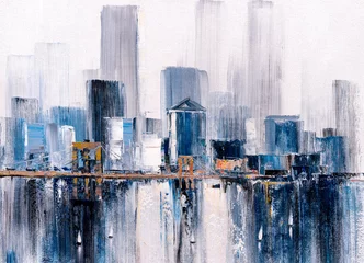 Deurstickers Aquarelschilderij wolkenkrabber  Oil Painting - Brooklyn Bridge, New York