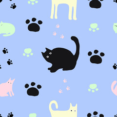 Vector seamless colorful pattern silhouettes of black cats and paws on pastel blue background. The design is perfect for pyjamas, textiles, backgrounds, wallpapers, wrapping paper, decorations, sheets