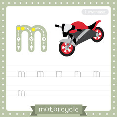 Letter M lowercase tracing practice worksheet of Motorcycle