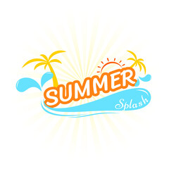 Fototapeta na wymiar Summer holiday lettering graphic art with blue water splash coconut tree and sun icons symbol vector illustration background
