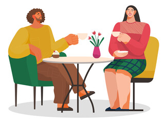 Smiling man and woman sitting on chair at table drinking cup of coffee or tea and eating dessert. Meeting of male and female in cafeteria or restaurant. Breaktime of happy couple with mug vector