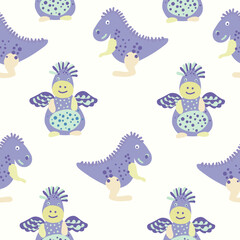 Cute vector seamless design adorable decorative simple pattern of dinosaurs in pastel purple colors. The design is perfect for sheets, decorations, backgrounds, textiles, children clothes, packaging.