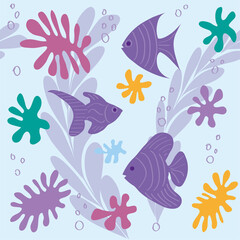 Seamless marine background with fish and plants. Underwater peace. Aquarium. Bright flat vector illustration. Suitable for wallpaper, packaging, wrapping paper, flyer, poster, package, web.