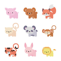 set of icons animals baby kawaii, flat style icon