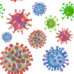 Seamless pattern with coronaviruses. Watercolor drawing of viruses. Covid-19 virus background. Child's drawing.