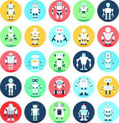 Naklejka premium Robots, Robotics Flat Icons Set