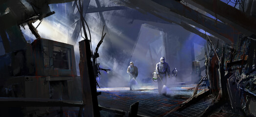 In the city that was hit hard, medical staff disinfected the ruins, digital illustration.