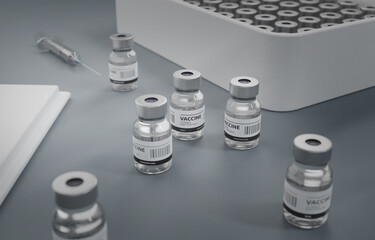 Generic Vaccines inside a Box and a Couple of Vaccines Scattered on a Table, Vaccination at Hospital Ambient, Grey Background, 3D Illustration