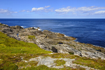 Fototapeta na wymiar Vue panoramique sur l'horizon, les rochers et la mer bleue indigo depuis la côte verdoyante du nord de l'Irlande.