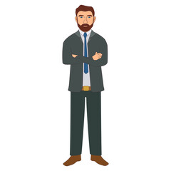 Businessman with crossed arms.Character man in a business suit and tie.Confident office worker.Vector flat illustration.