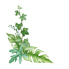 Green leaf arrangement watercolor hand drawn illustration. Ivy and monstera exotic leaves in decorative bouquet image. Lush tropical floral green arrangement for wedding card. On white background