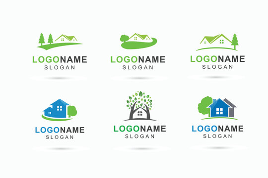 Green house landscapes logo, home tree icon, ecology logo for care, rent ,and sale of agent property