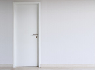 Door with stainless steel handle on white wood door. Selective focus.
