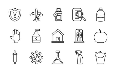 clean hand and coronavirus icon set, line style