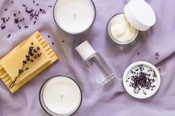 Natural lavender homemade cosmetics. Spa products at home top view