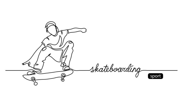 Skateboarding vector background, web banner, poster. One continuous line drawing of skater with lettering skateboarding.