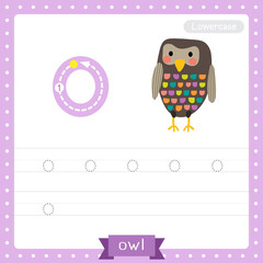 Letter O lowercase tracing practice worksheet of Standing colorful Owl bird